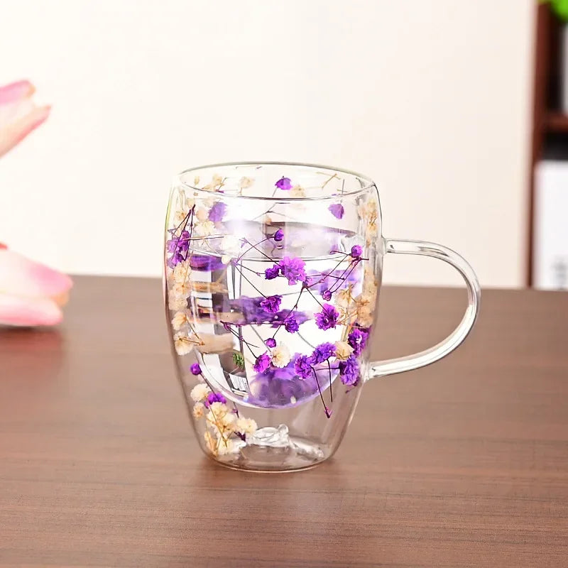 Wall Double Glass Cup with Handle Dried Flower Decorated Ins Style Mug 300ML