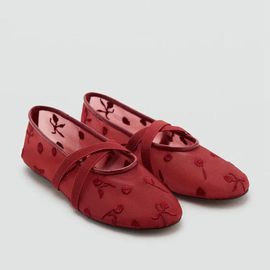 Light Women Ballet Flats - Mary Jane, Embroidered Mesh