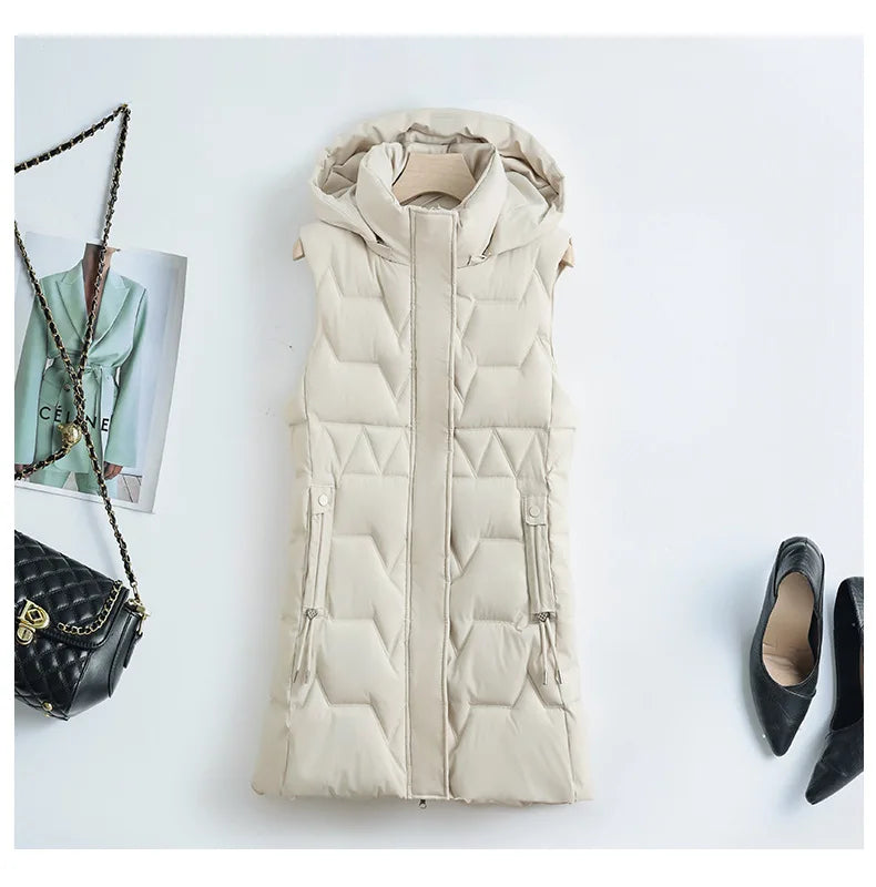 Light Cozy Women Long Puffer Vest - Hooded Down