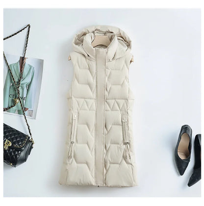 Light Cozy Women Long Puffer Vest - Hooded Down