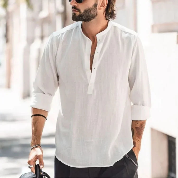 Cotton Casual Linen Shirt - Loose Tops, Long Sleeve, Henry Collar, Solid Blouse