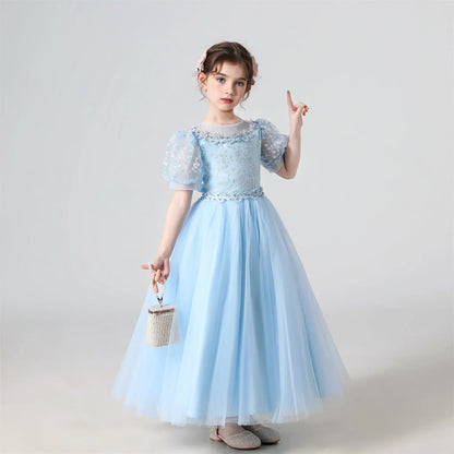 Plush Girls’ Lace-Embroidered Princess Dress - Puff Sleeve, Polyester, For Weddings and Parties