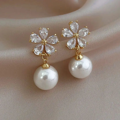 Korean Style Party Jewelry, Fall 2026 Gift Idea – Crystal Flower Earrings Pearl Drop Gold Tone