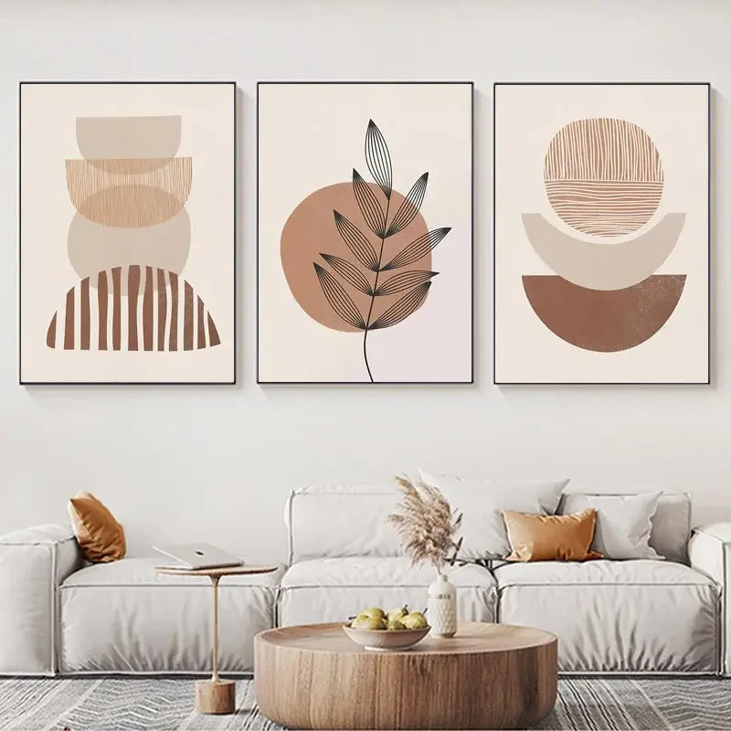 Abstract Boho Canvas Wall Art Trio Neutral Contemporary Decor