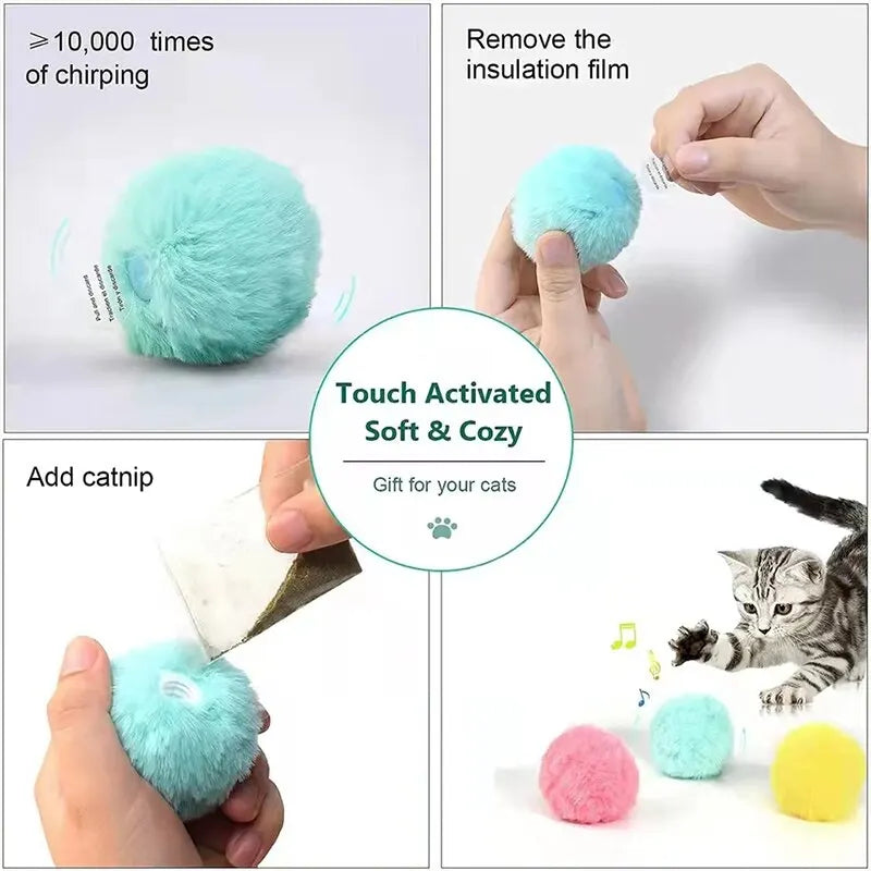 Interactive Cat Toy Ball - Plush Motor-Driven Catnip Training Squeak Sound Toy for Kittens