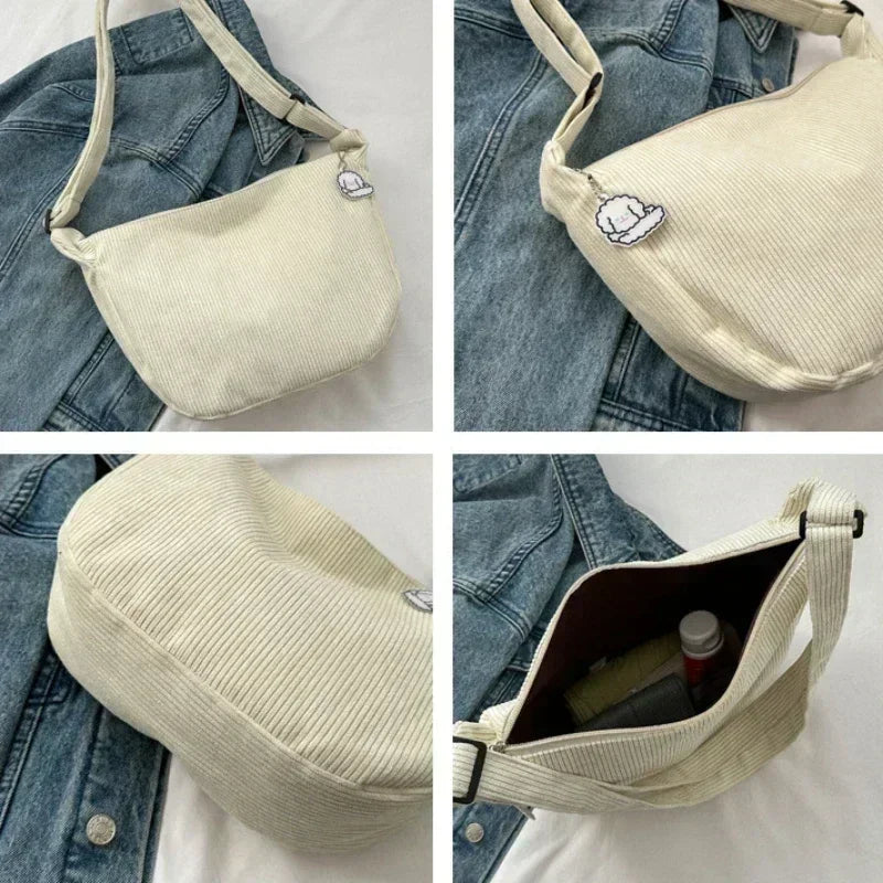 Corduroy Crossbody Bag Large Capacity Beige Shoulder Bag Fall 2026 Regular Use