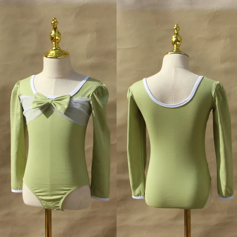 Light girls ballet leotard set - puff-sleeve top, tulle tutu skirt, polyester, for dance class
