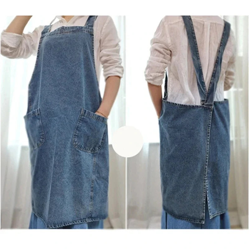 Apron Denim Washed Cotton Canvas Korean Dress Apron Fall 2025 Kitchen Garden Cooking Apron With Pockets