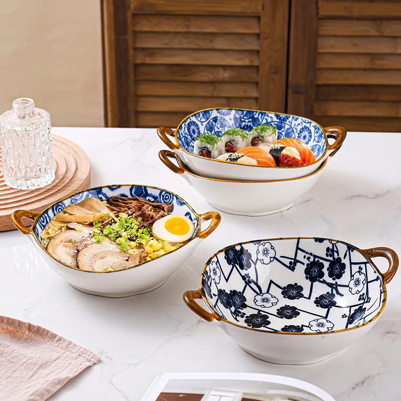 Inch 7.5 Japanese Ceramic Noodle Bowl With Handles Blue