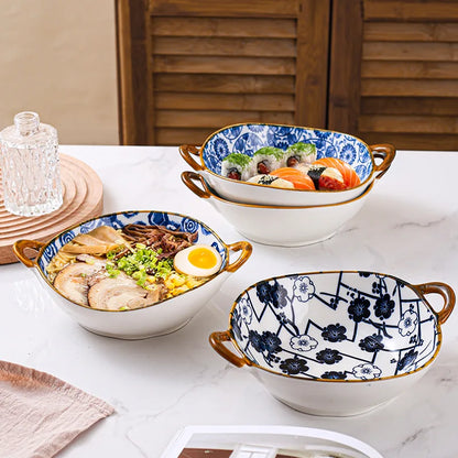 Inch 7.5 Japanese Ceramic Noodle Bowl With Handles Blue