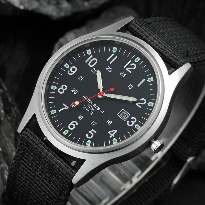 Field Quartz Watch Nylon Strap Military Style Date Luminous