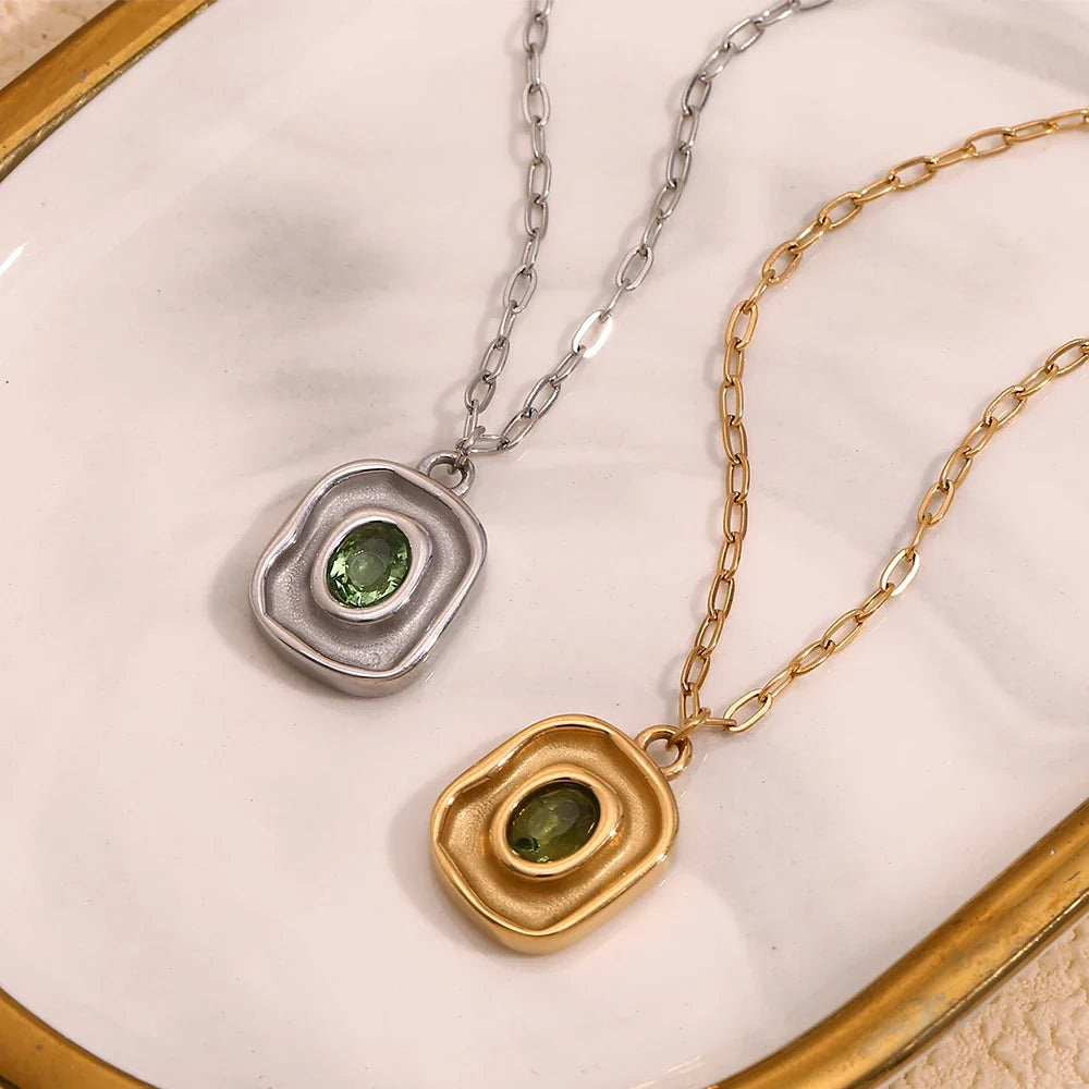 Necklace Green Zircon - Stainless Steel Paperclip Chain, 18K Gold Plated, Hypoallergenic Water-Resistant Jewelry Fall 2026 Gift