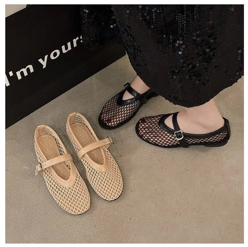 Women Breathable Mesh Ballet Flats - Strappy Round Toe