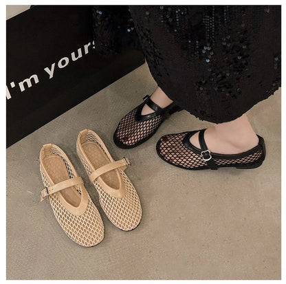 Women Breathable Mesh Ballet Flats - Strappy Round Toe