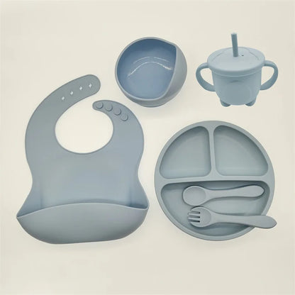 Baby Silicone Tableware Kit 8 Piece Suction Bowls Divided Plate Bib Spoon Fork Fall 2025 Self Feeding Aid