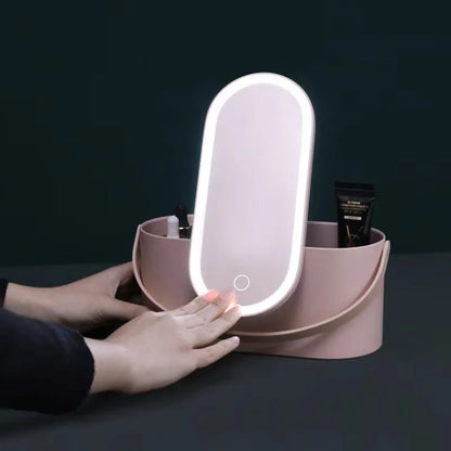 Makeup Organizer Box with LED Light Mirror - Travel-Friendly Travel Makeup Case for Cosmetics Storage