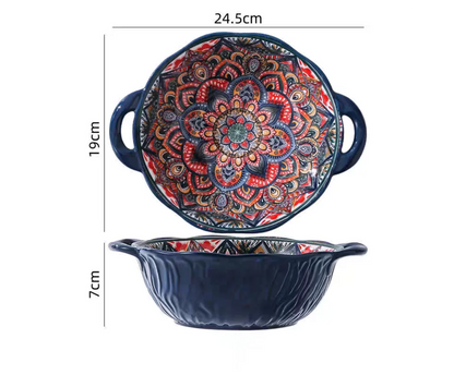 Soup Ceramic Bowl Bohemian Handle Embossed Microwave