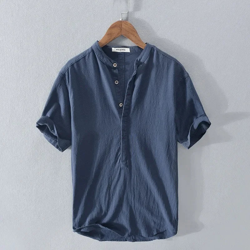 Cotton Breathable Linen Shirt High End Loose Fit, Short Sleeves Half-Open Collar