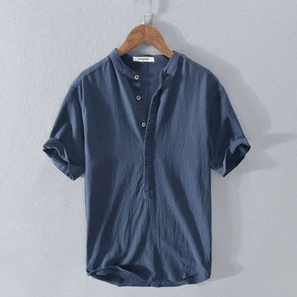 Cotton Breathable Linen Shirt High End Loose Fit, Short Sleeves Half-Open Collar