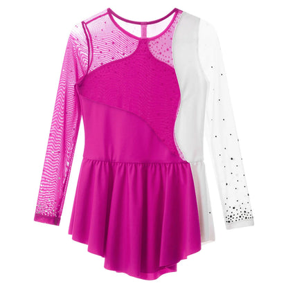 long sleeve rhinestone accents, jersey, dance performance costume – Stretchy girls figure skating dress