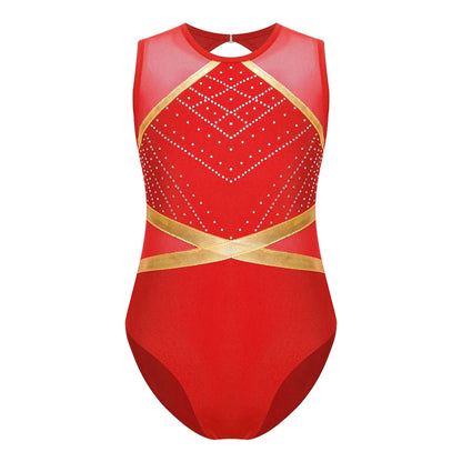 Girls' Stretchy Leotard - flattering, rhinestone-detailed, long-sleeve, mesh-panel, polyester elastane, for gymnastics