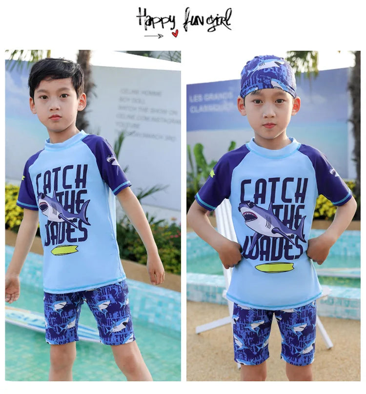 Light, Sturdy Boys' Two-Piece Swimsuit - Rash Guard Top, Shark-Print Trunks, Kit With Hat
