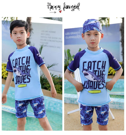 Light, Sturdy Boys' Two-Piece Swimsuit - Rash Guard Top, Shark-Print Trunks, Kit With Hat