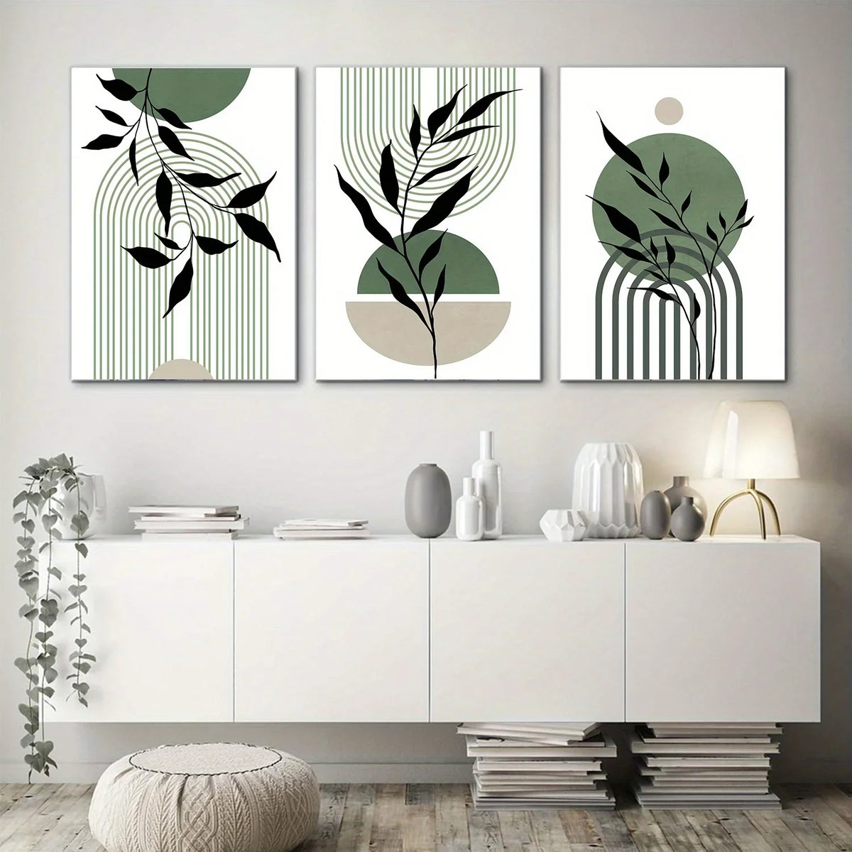 Sage Green Boho Wall Art Kit 3Pc Mid Century Prints