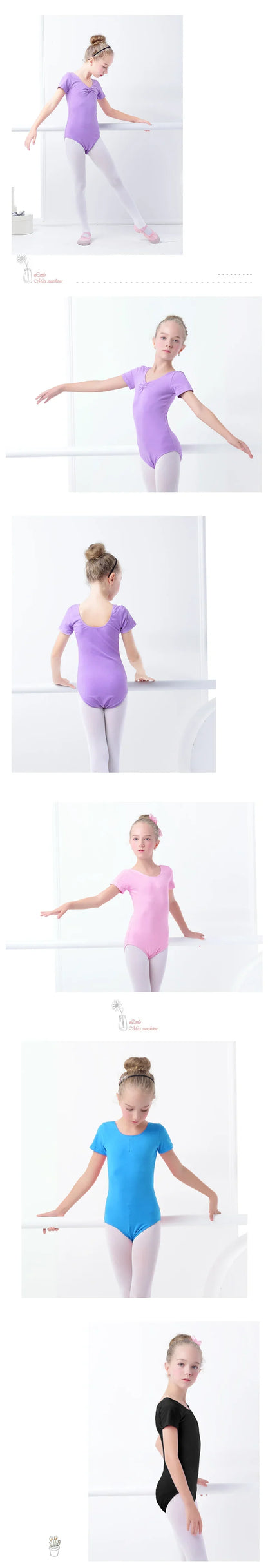 Plush girls' ballet leotard - short sleeve v-neck ruched, cotton knit, for dance practice and classic classes