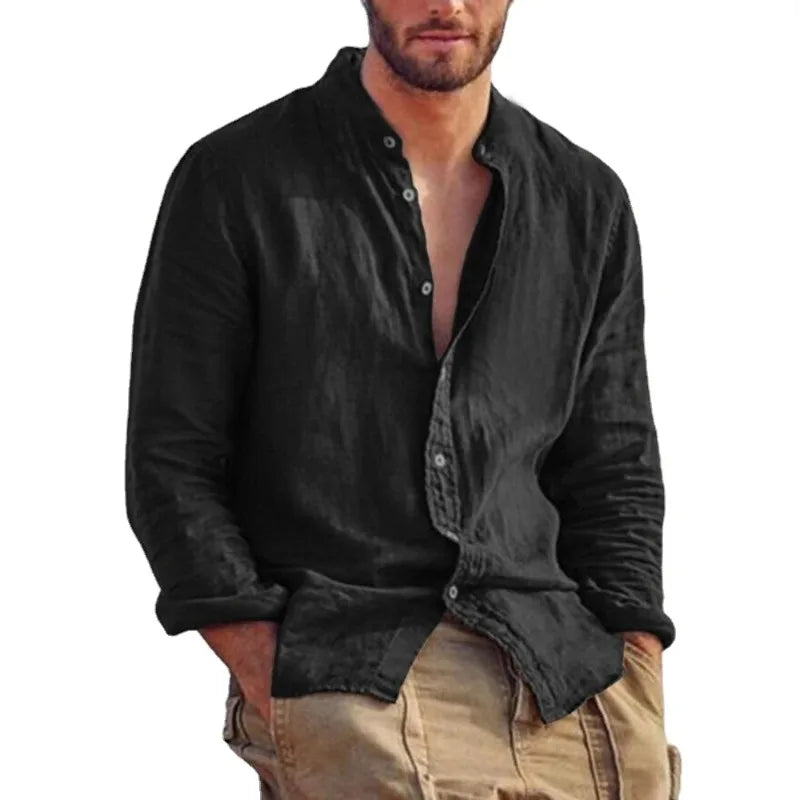 Men's Linen Shirt with Mandarin Collar, Lightweight Breathable Casual Summer Shirt in Tailored Fit-4