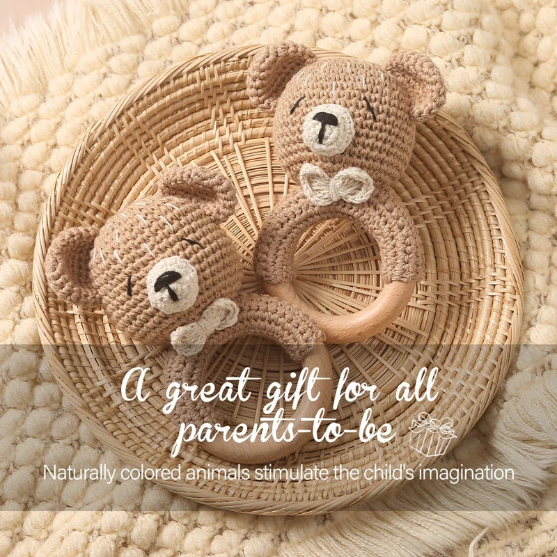Bear Crochet Teether Rattle Ring Newborn Sensory Toys