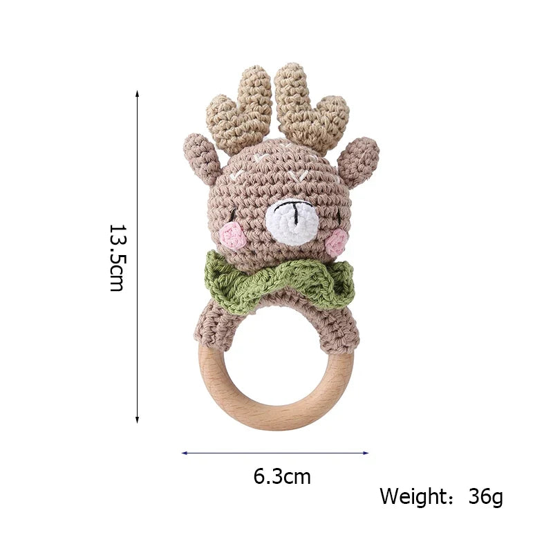 Crochet Wooden Animal Teether Rattle Newborn Sensory Toys