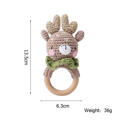 Crochet Wooden Animal Teether Rattle Newborn Sensory Toys