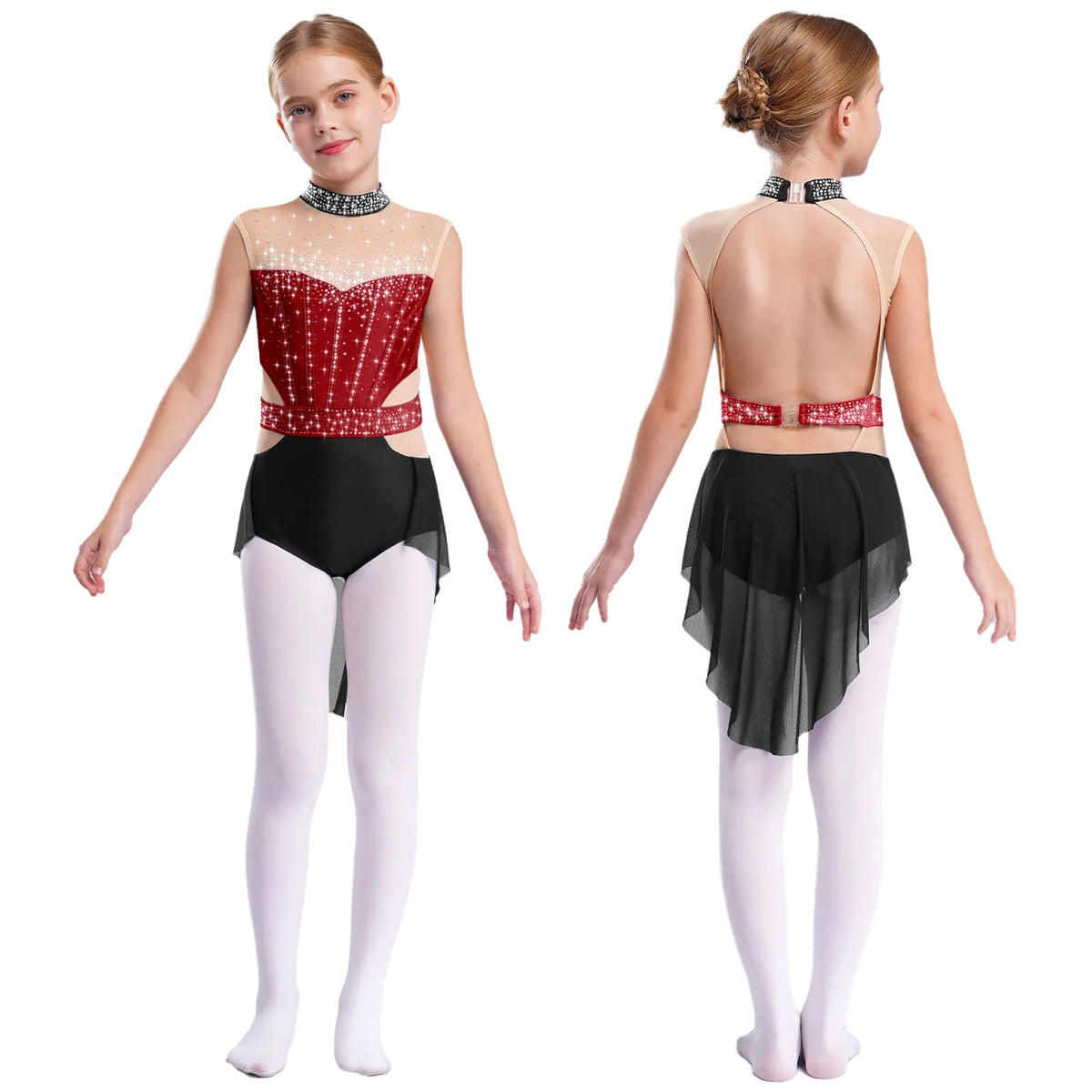 girls' Stretchy leotard - rhinestone mesh yoke, sleeveless, polyester, nylon, elastane, for lyrical dance performance
