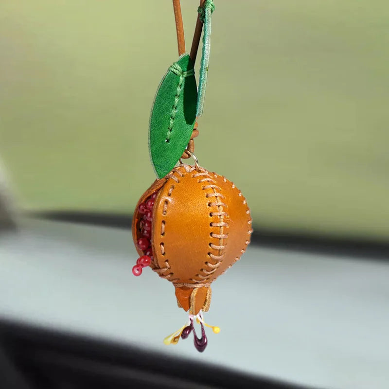 Leather Pomegranate Charm Keychain Bag And Car Decor