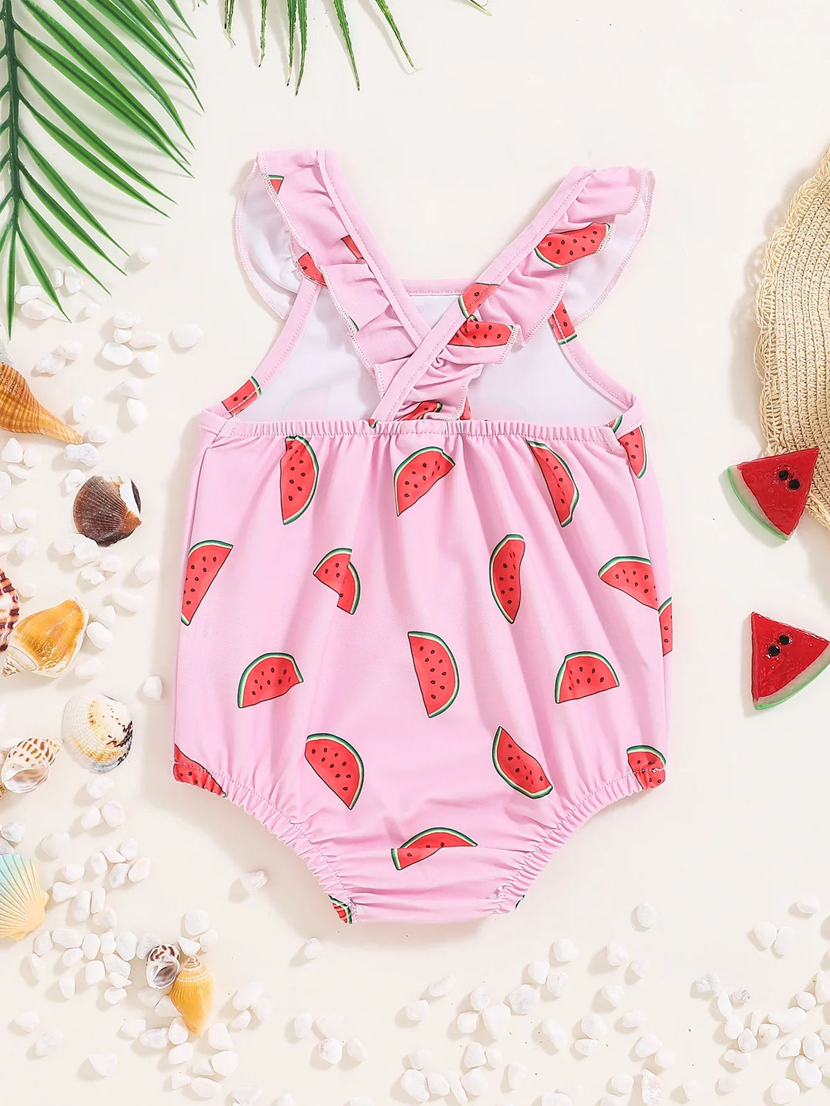 Halter-Neck Watermelon-Print, Polyester, For Summer Beach Days – Plush Sturdy Baby Girls’ Swimsuit