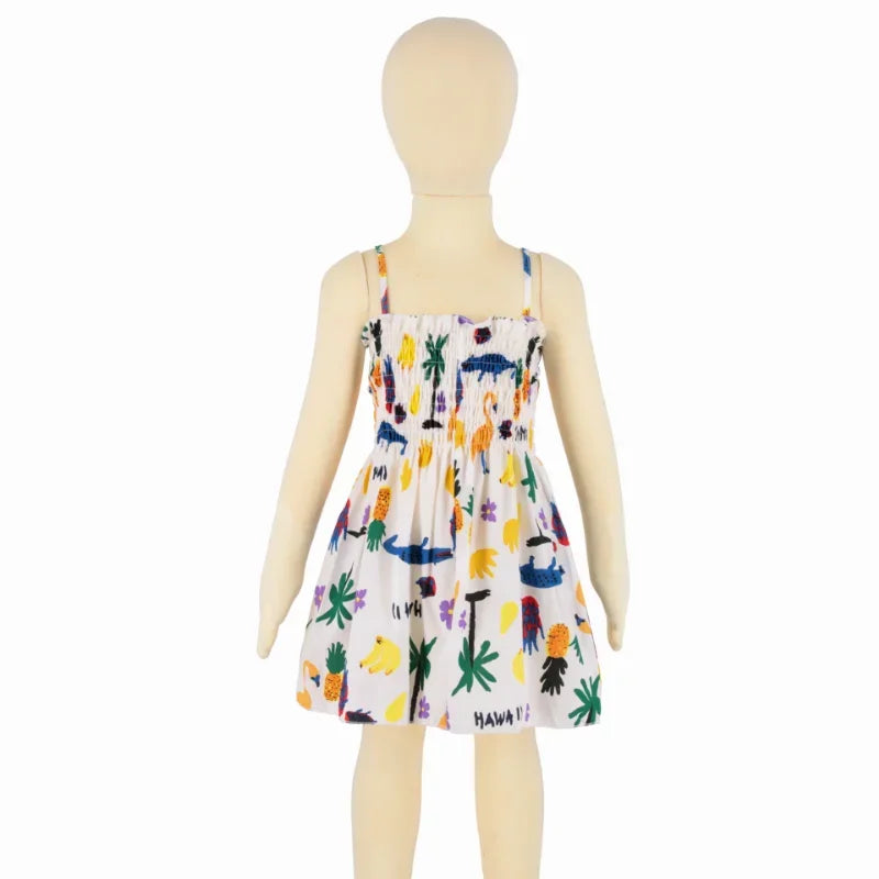Plush girls' sundress - smocked bodice, daisy print, polyester, for casual summer outings
