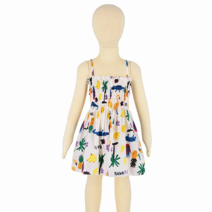 Plush girls' floral sundress - smocked bodice, polyester, for casual beach party