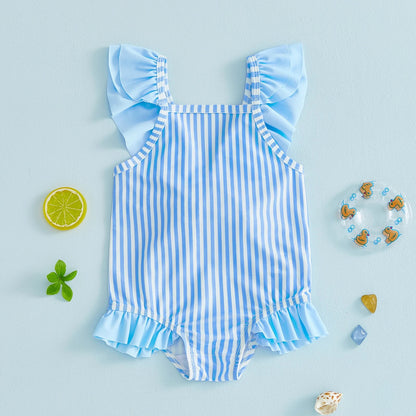 Baby Breathable Girls Swim Romper - Striped Print, Flutter Sleeves, Polyester-Elastane Blend, For Pool and Beach