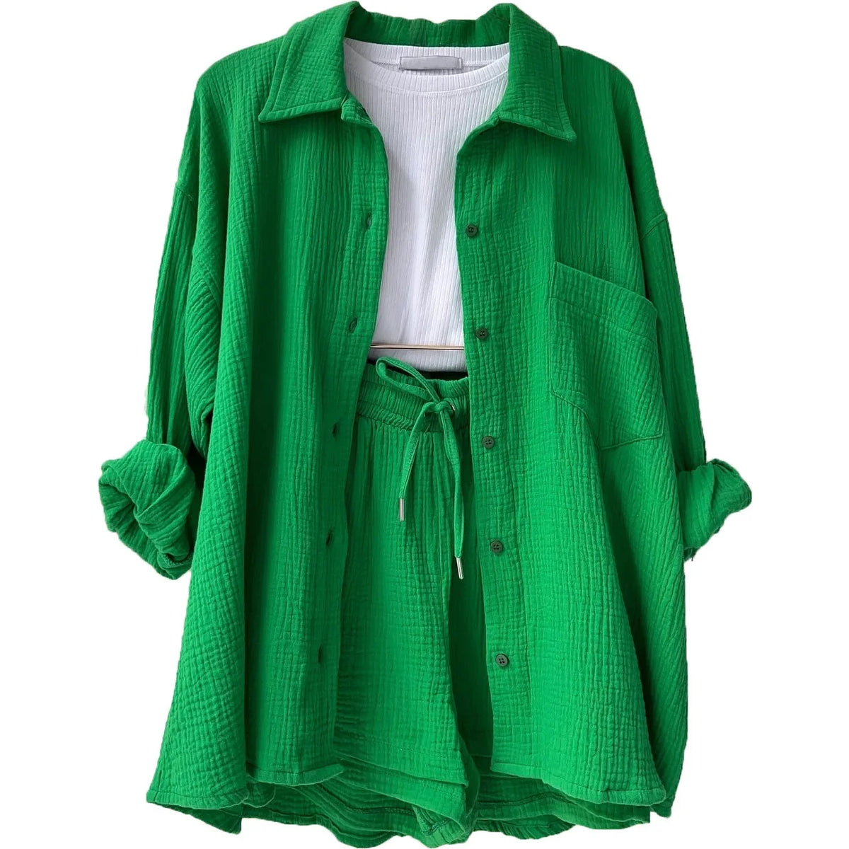 Women Two-Piece Kit Orange Wrinkled Lapel Shirt & High-Waisted Shorts Fashion Suit