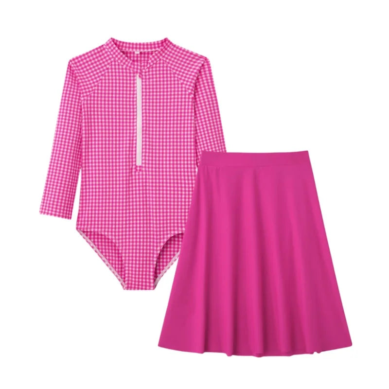 Fast-Dry Unisex Kids Swimsuit - One-Piece Gingham Plaid, Polyester, For Summer Vacation