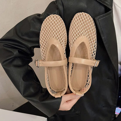 Women Breathable Mesh Ballet Flats - Strappy Round Toe