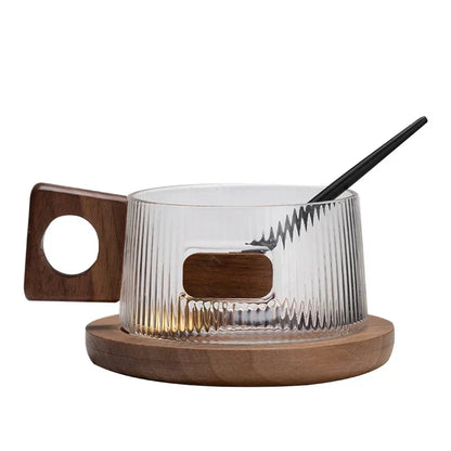 Coffee Mug Kit 250ml Glass With Wooden Handle, Tray And Spoon, Ribbed Tea Cup Casual Fall 2025 Cozy Gift