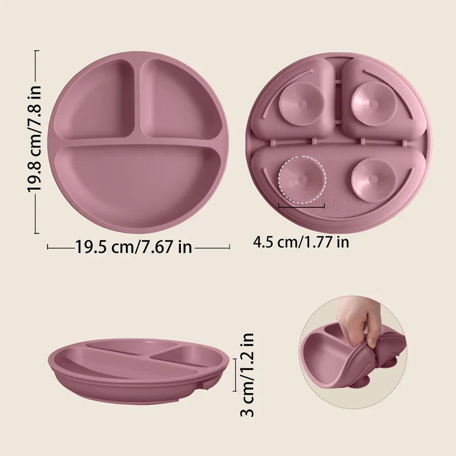 Baby Silicone Dining Plate with Suction Base, BPA Free Toddler Tableware, 8-Inch Divided Feeding Dish
