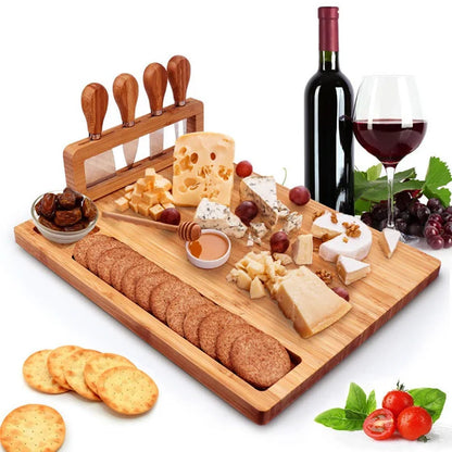 Cheese Bamboo Board Large With 4 Knives And Built In Rack Serving Chopping Board, Holiday 2025 Eco Gift