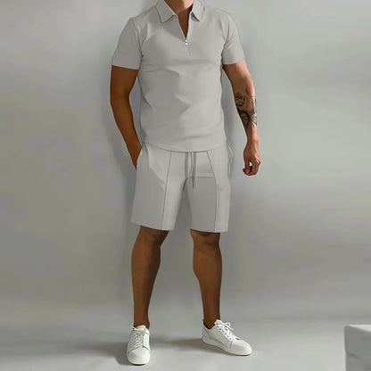 Solid Color Polo Shirt & Vertical Stripe Pants Kit - Casual Short Sleeve Sports Wear