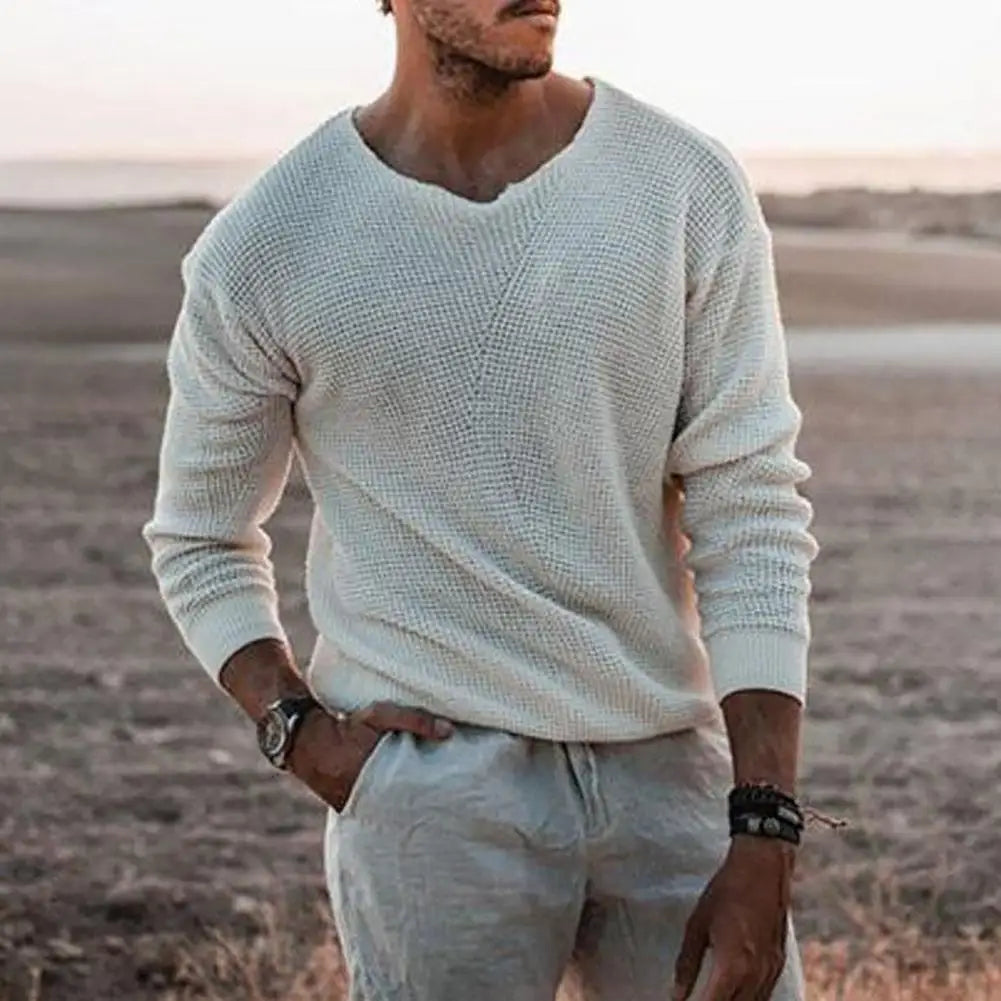 Spring Men Sweater V Neck Long Sleeve Plush Slim Casual Knitted Pullover