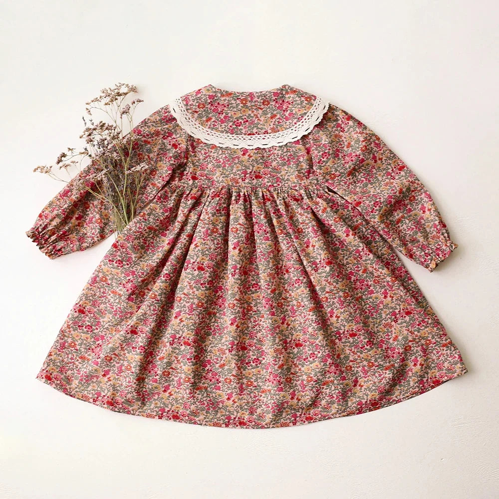Plush girls' dress - vintage-inspired floral-pattern, cotton, for special occasions and holidays