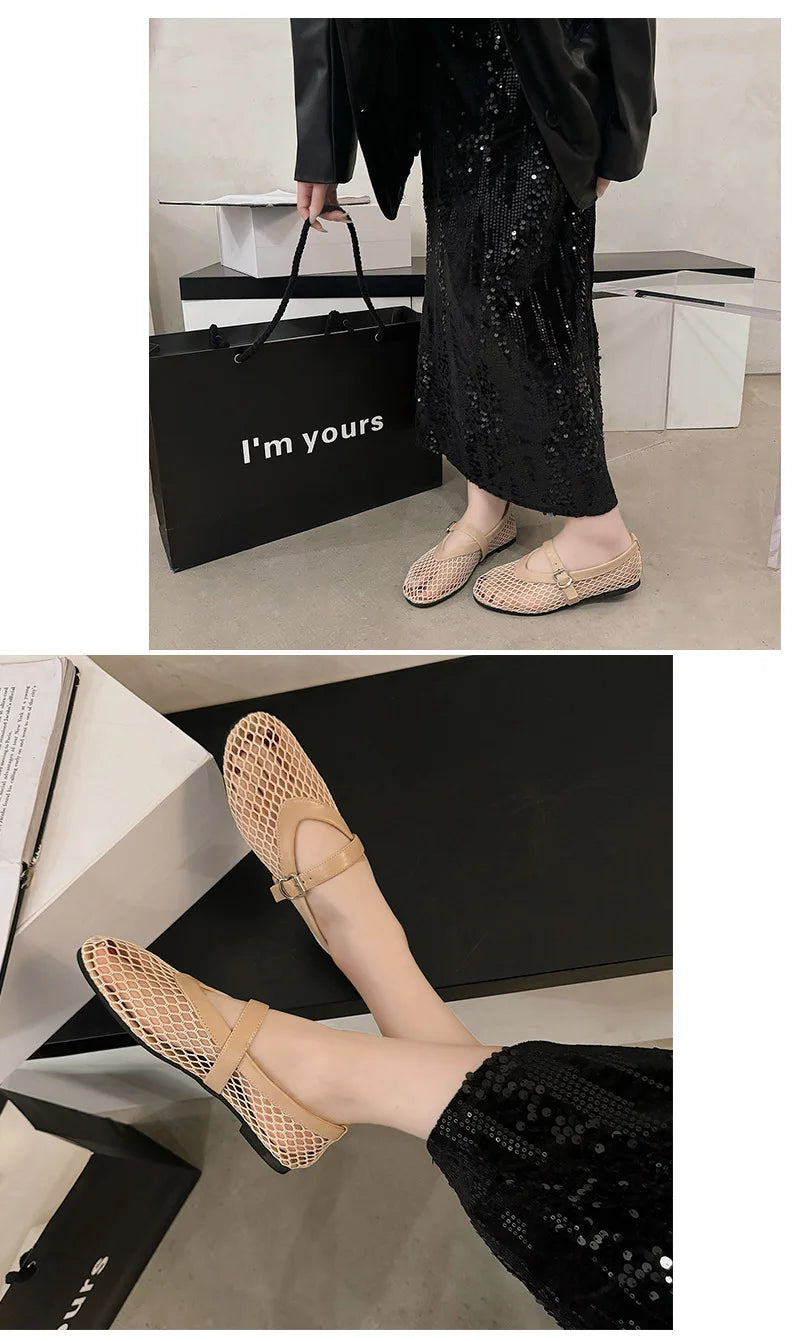 Women Breathable Mesh Ballet Flats - Strappy Round Toe