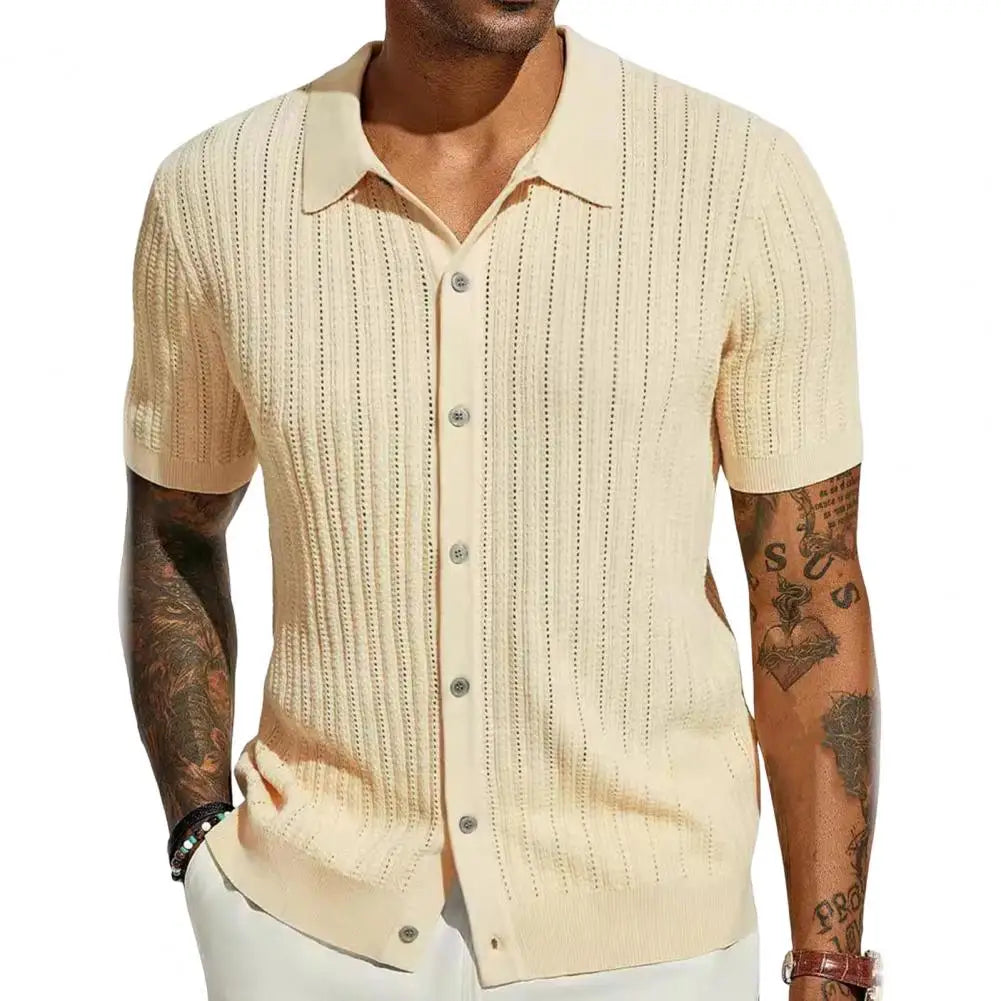 Size Plus Summer Men Knitted Cardigan Shirt, Breathable Short Sleeves Beach Top
